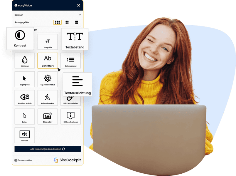 easyVision widget with settings for contrast, font, and text spacing, with a smiling woman at a laptop in the background