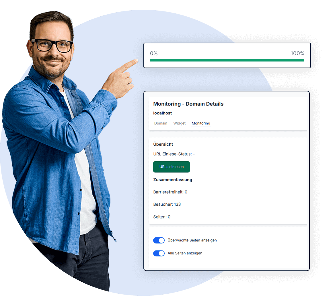 easyMonitoring dashboard showing domain details, progress bar, and accessibility check summary