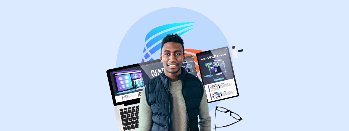 A smiling young web designer in front of the light blue SiteCockpit circle, surrounded by a laptop, tablet and smartphone showing website designs, symbolizing new jobs in digital accessibility
