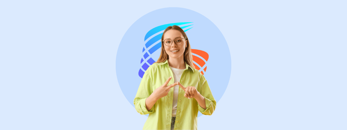 Smiling woman wearing glasses making an A-shape gesture with her hands, illustration for the topic of plain or easy language