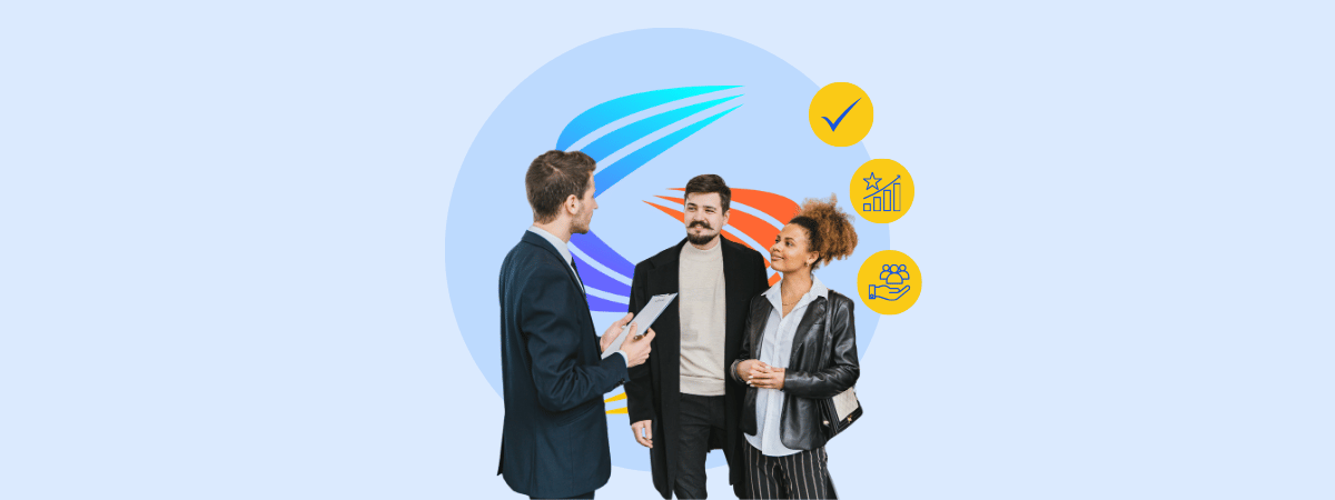A consultant in a suit holding a clipboard advises a smiling couple of customers, with a light blue circle and the SiteCockpit arc in the background as a symbol of digital accessibility