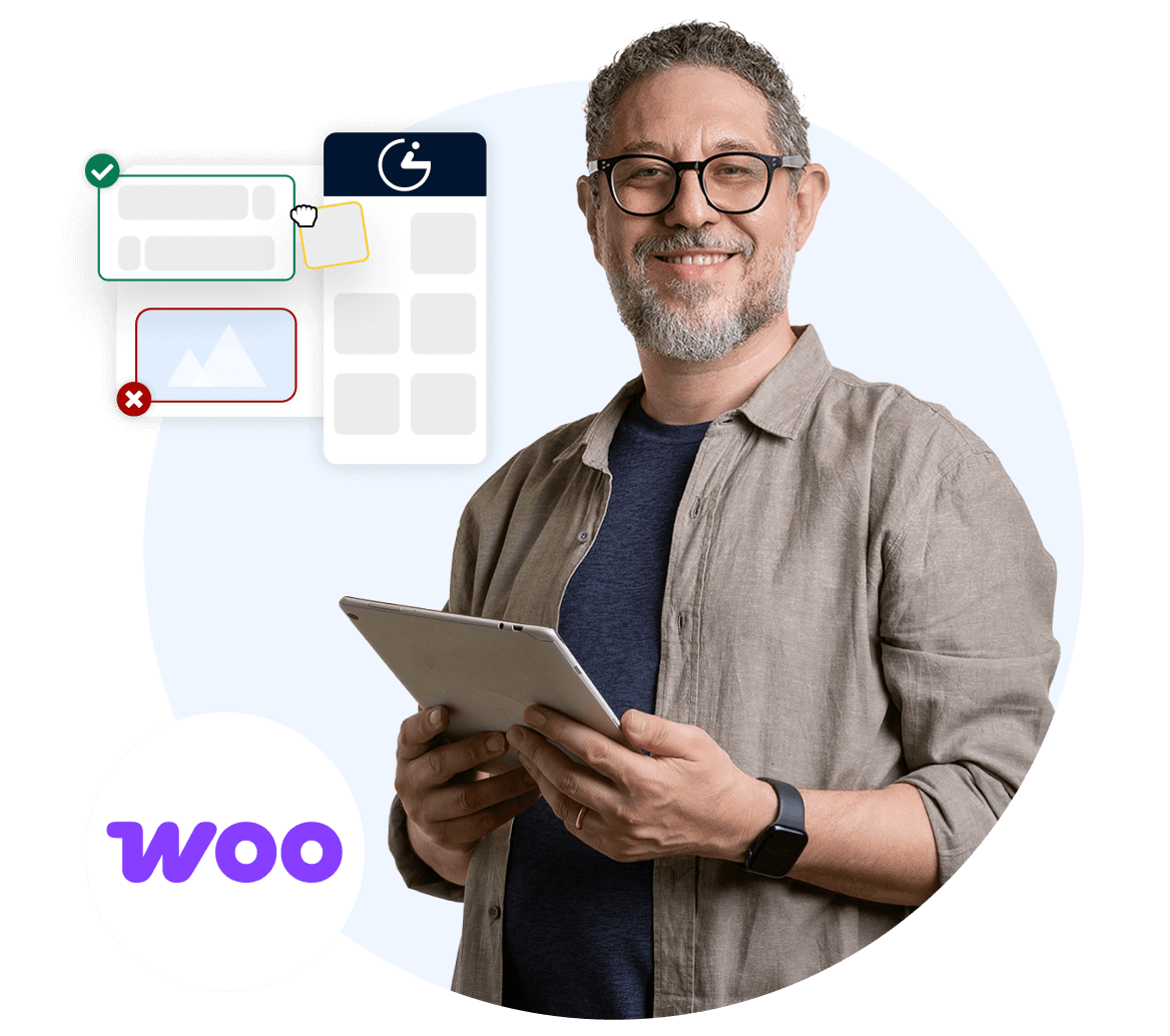 Smiling woman holding a credit card and tablet.