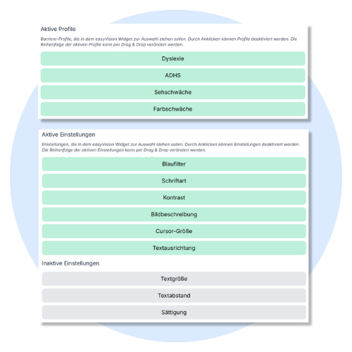 Screenshots showing easyVision profile settings