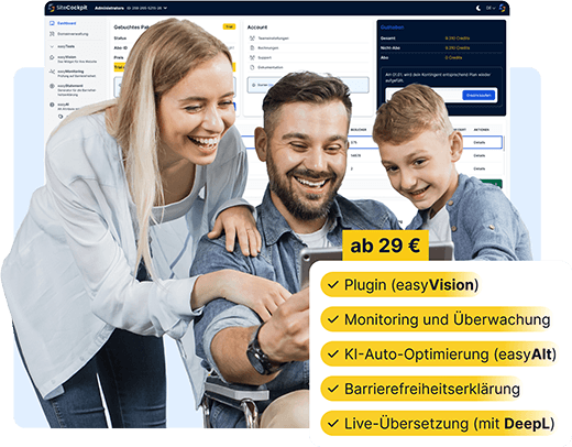 Ab 29 Euro: Plugin (easyVision), Monitoring und Überwachung, KI-Optimierung (easyAlt), Barrierefreiheitserklärung und Live-Übersetzung (mit DeepL).