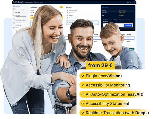 From 29 Euros: Plugin (easyVision), Accessibility Monitoring, AI-Auto-Optimization (easyAlt), Accessibility Statement and Realtime-Translation (with DeepL).